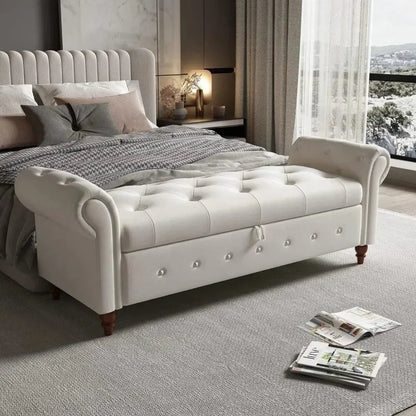 Storage Ottoman Bench, End of Bed Button Tufted Ottoman Bench, Rolled Armed Ottoman Couch Long Bench for Bedroom, Living Room - Home Fusion