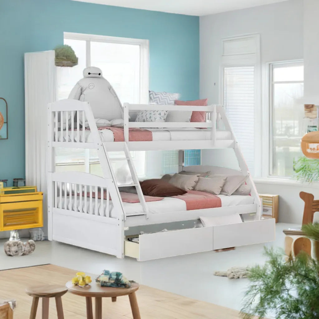 Solid Wood Twin Over Full Bunk Bed with Two Storage Drawer,Convertible to 2 Separated beds (White) bunk beds for kids - Home Fusion