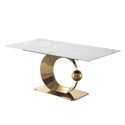 "71-Inch Carrara White Stone Dining Table with Gold Pedestal Base