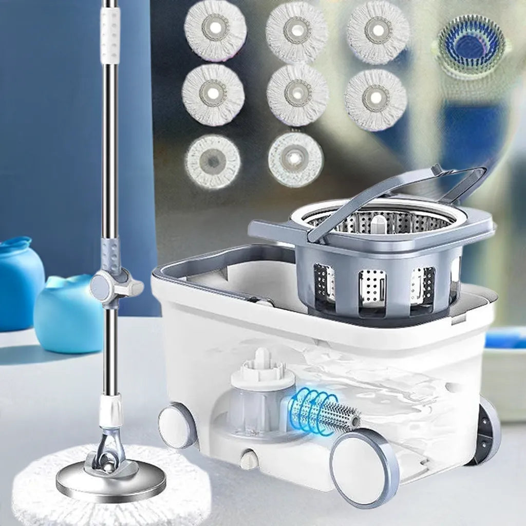 Spin Mop Bucket Deluxe 360 Spinning Floor Cleaning System with 6 Microfiber Replacement Head Refills,62" Extended Handle - Home Fusion