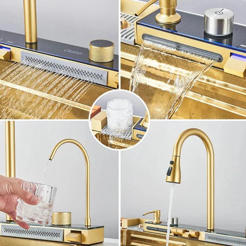 Stainless Steel Kitchen Sink with Faucet 75*45cm Large Single Bowl Digital Display Dish Basin Sink Waterfall Hot Cold Faucets - Home Fusion
