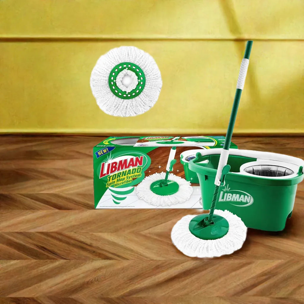 Tornado Spin Mop System - Mop and Bucket with Wringer Set for Floor Cleaning - 2 Total Mop Heads Included, Green - Home Fusion