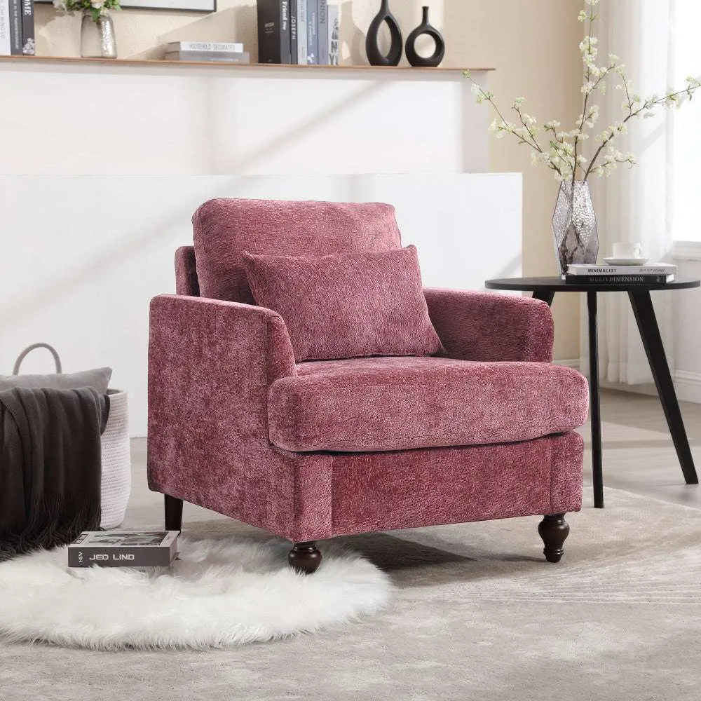 COOLMORE Wood Frame Armchair,  Modern Accent Chair Lounge Chair for Living Room,Tufted Club Chair, Mid Century Modern Arm Chairs with Studded, Solid Wood Frame, for Bedroom, Reading(Wine red Chenille) - Home Fusion