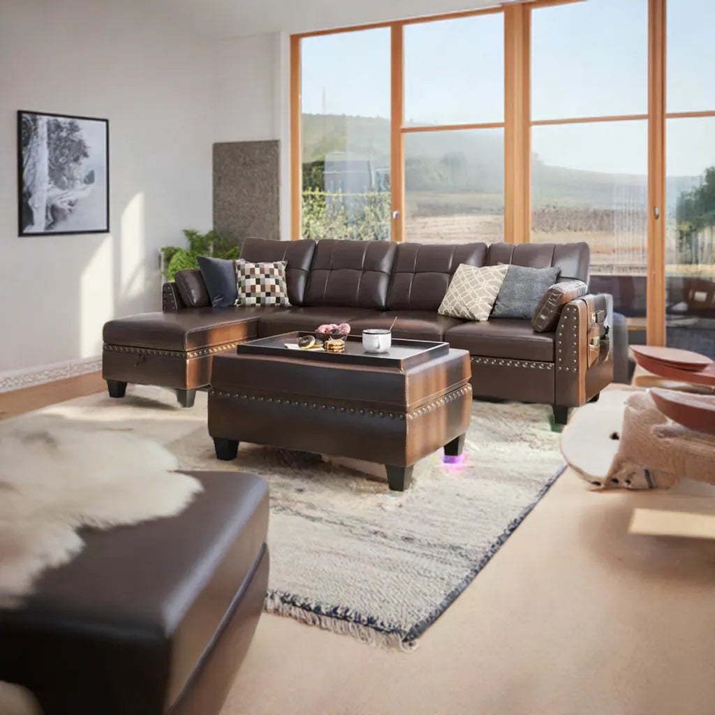 Leather Sectional Sofa with Ottoman - Easy Assembly, Storage Space,Living Room Sofa - Home Fusion