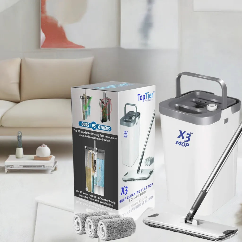 X3 Mop, Separates Dirty and Clean Water, 3-Chamber Design, Flat Mop and Bucket Set, Hands Free Home Floor Cleaning - Home Fusion