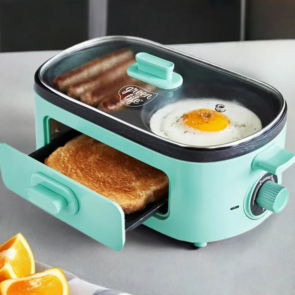 3-in-1 Breakfast Maker Station, Ceramic Nonstick Dual Griddles & Breakfast Sandwiches, 2 Slice Toast Drawer, Turquoise - Home Fusion