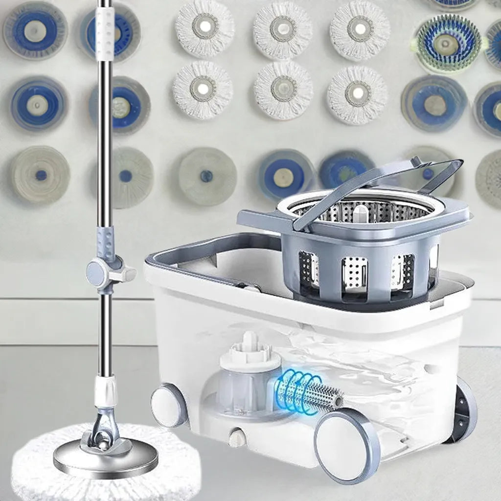 Spin Mop Bucket Deluxe 360 Spinning Floor Cleaning System with 6 Microfiber Replacement Head Refills,62" Extended Handle - Home Fusion