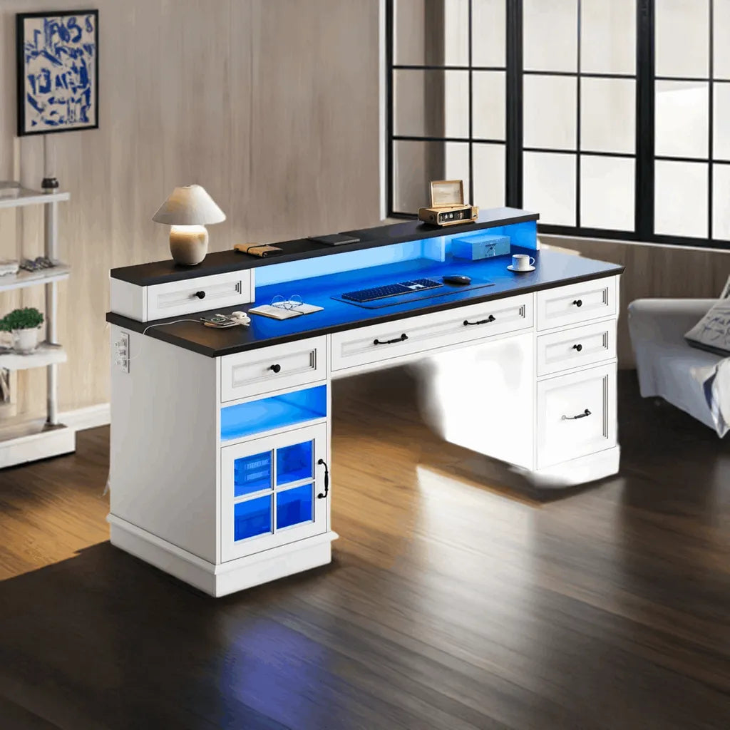 Farmhouse Executive Desk with Drawers Computer Desk with File Drawers, Power Outlet and Led Lights, Executive Office Desk - Home Fusion
