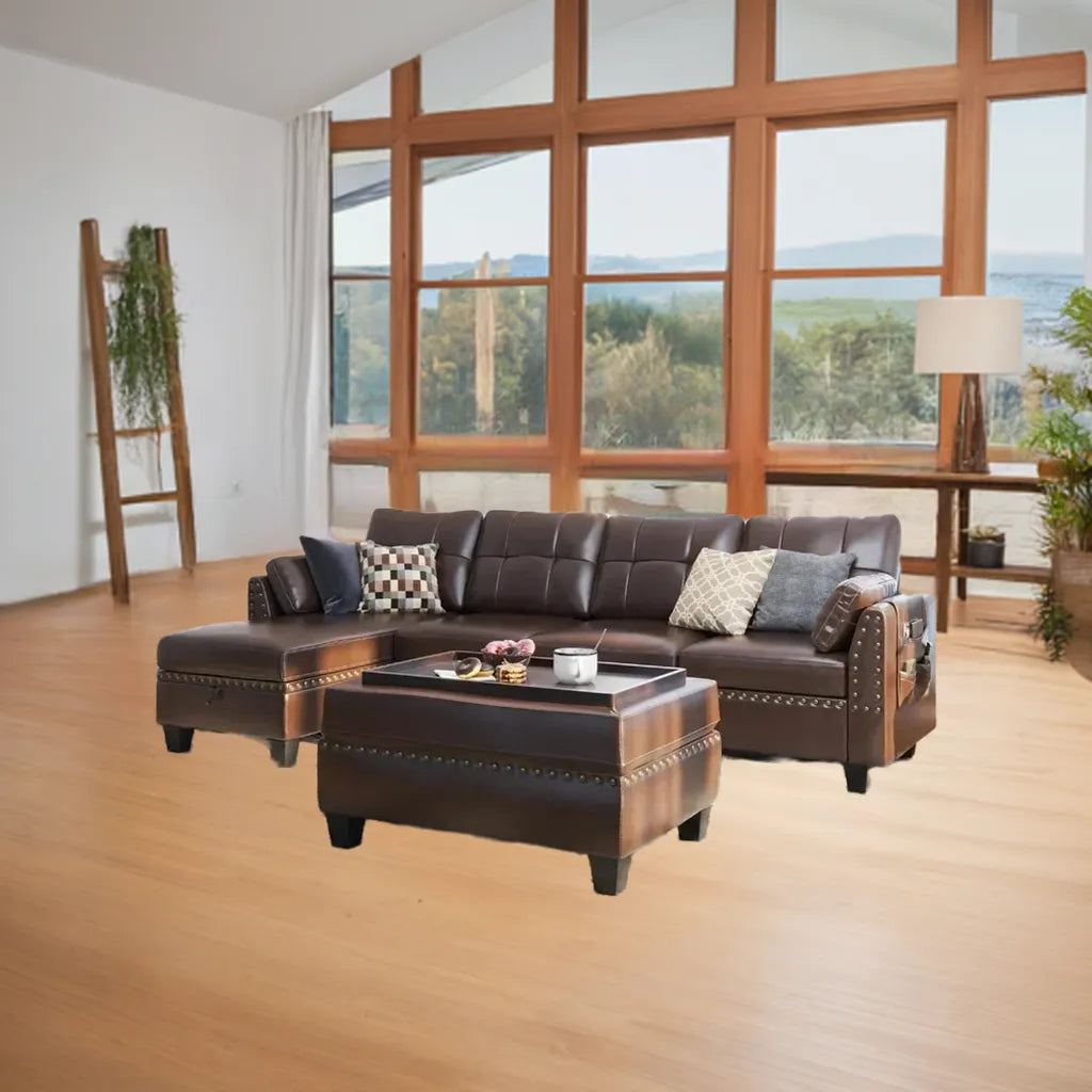 Leather Sectional Sofa with Ottoman - Easy Assembly, Storage Space,Living Room Sofa - Home Fusion