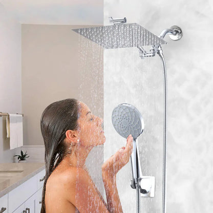 Chrome Shower Head, 10 Inch High Pressure Rainfall Shower Head/Handheld Shower Combo with 11 Inch Extension Arm, 6 Settings Adjustable Anti-leak Shower Head with Holder/Hose, Height/Angle Adjustable - Home Fusion