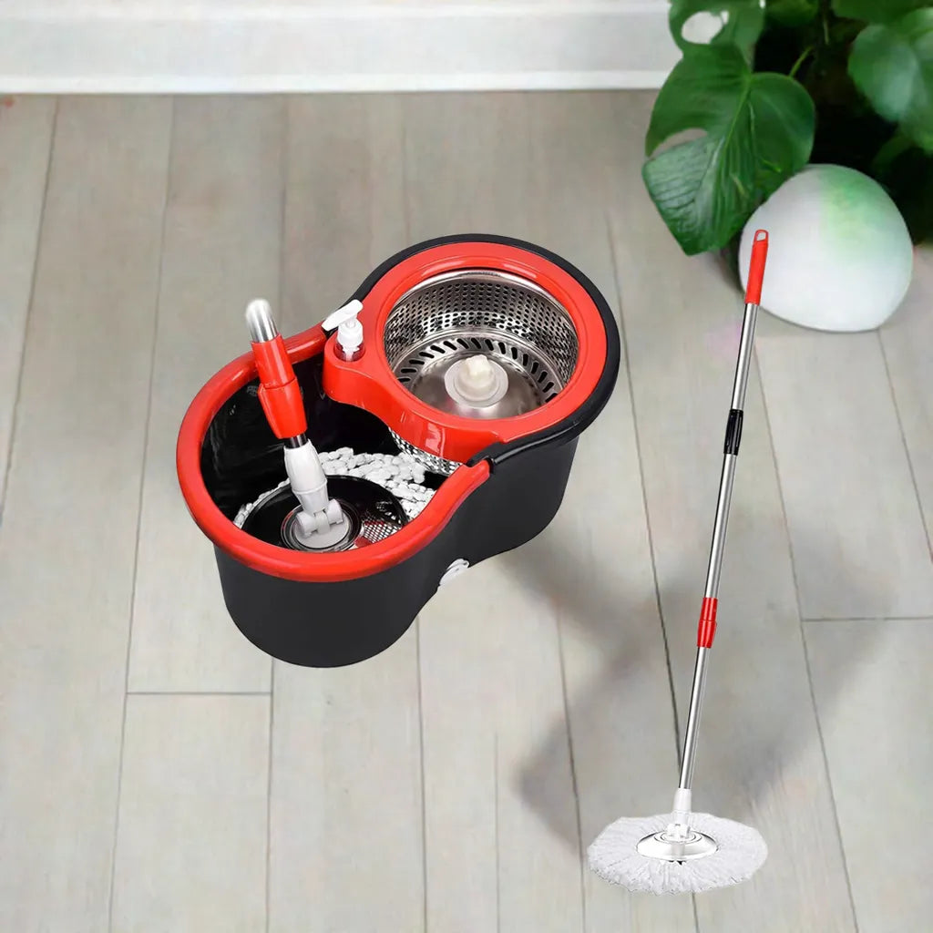 360° Spin Mop Bucket Sets with Wring System in 3 Microfiber Heads, Stainless Steel Basket 61" Extended Handle Floor Cleaning - Home Fusion