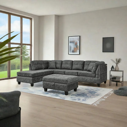 Living Room Furniture Sets,Sectional Sofa with Storage Ottoman,L-Shaped 2 Pillows&Extra Wide Reversible Chaise,