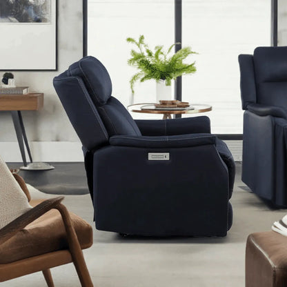 Clean Contemporary Dual-Power Recliner - Ocean Blue Leatherette, Power Footrest, Power Headrest - Easy-Care and Convenience - Home Fusion