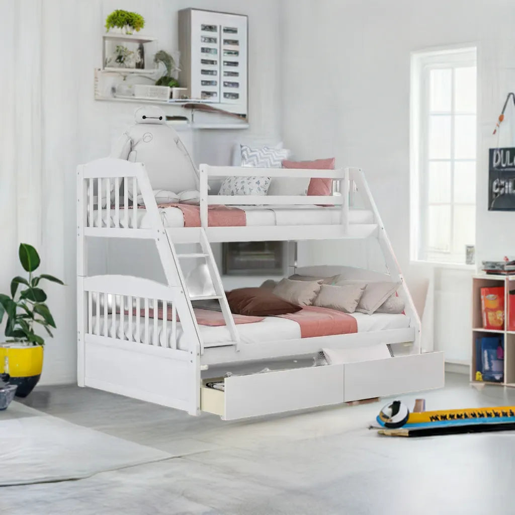 Solid Wood Twin Over Full Bunk Bed with Two Storage Drawer,Convertible to 2 Separated beds (White) bunk beds for kids - Home Fusion