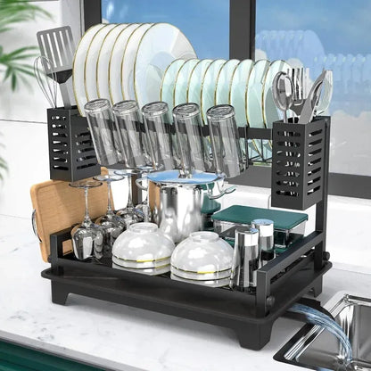 Dish Drying Rack for Kitchen Counter with Drainboard & Utensil Holders - Home Fusion