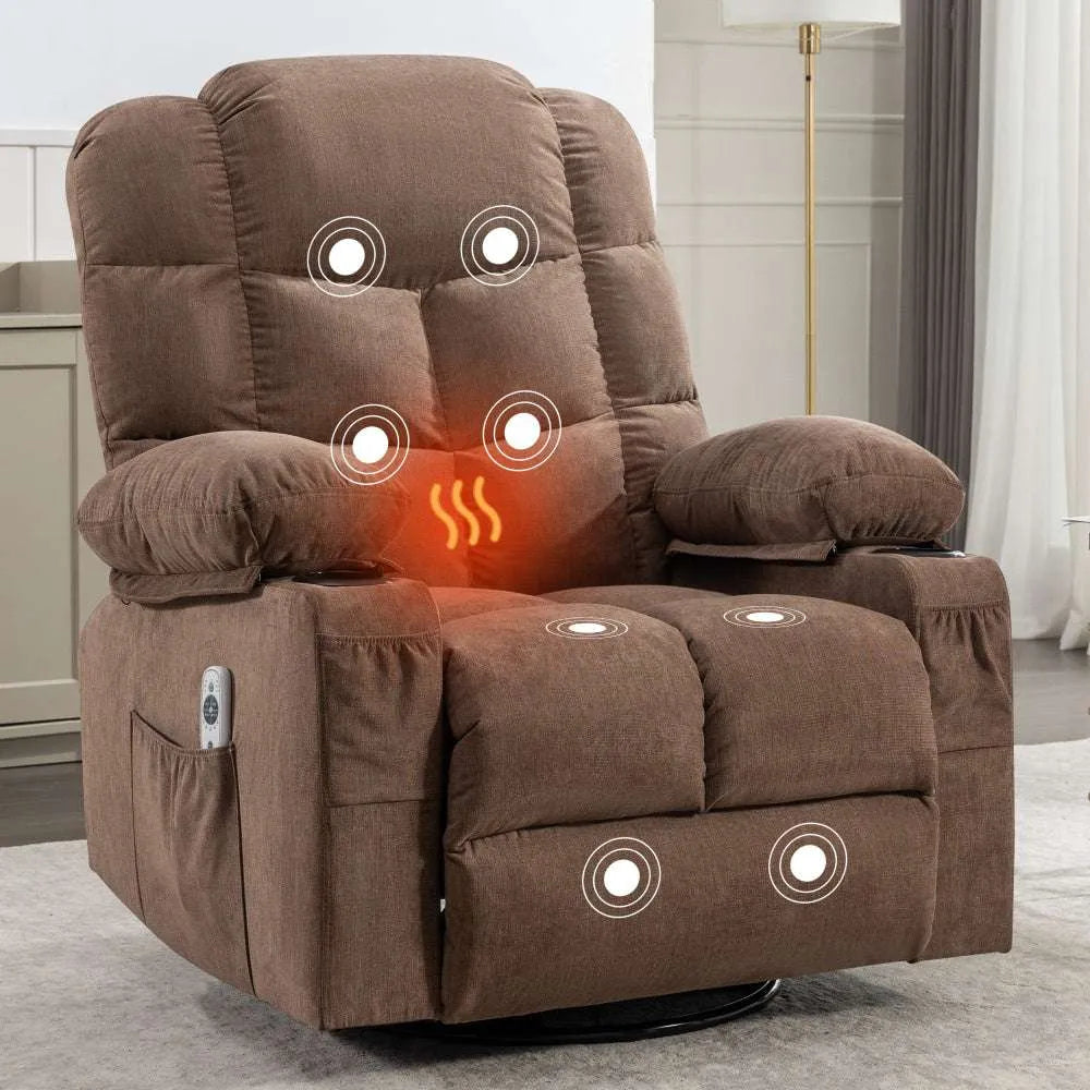 Massage Rocker Recliner Chair Rocking Chairs for Adults Oversized with 2 Cup Holders, USB Charge Port Soft Features a Manual Massage and Heat.(A+B)BROWN - Home Fusion
