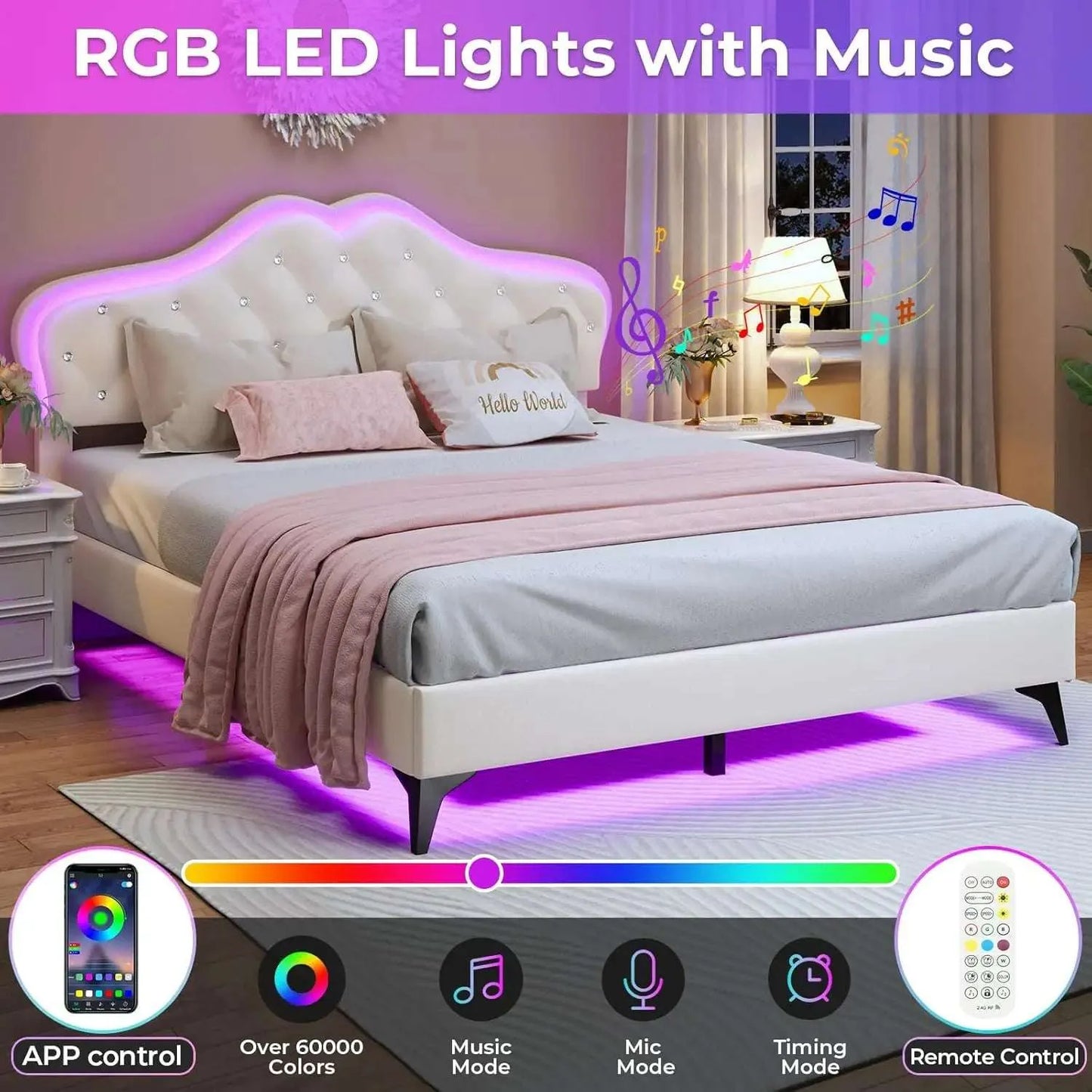 Queen Size Upholstered Bed Frame with LED Lights, Adjustable Headboard with Crystal Button, Solid Wood Slats Support, Beige