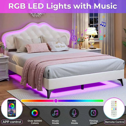 Queen Size Upholstered Bed Frame with LED Lights, Adjustable Headboard with Crystal Button, Solid Wood Slats Support, Beige