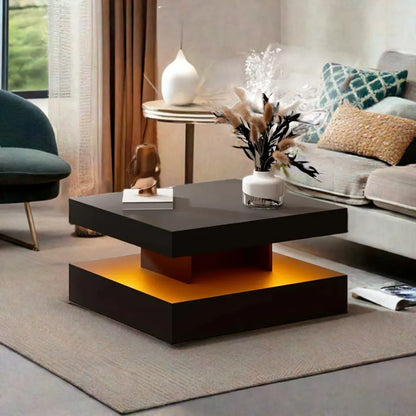 Black LED Coffee Table with Storage for Living Room Modern Smart Tall Square Center Table 2 Tier Display Shelf 20 Colors Light - Home Fusion