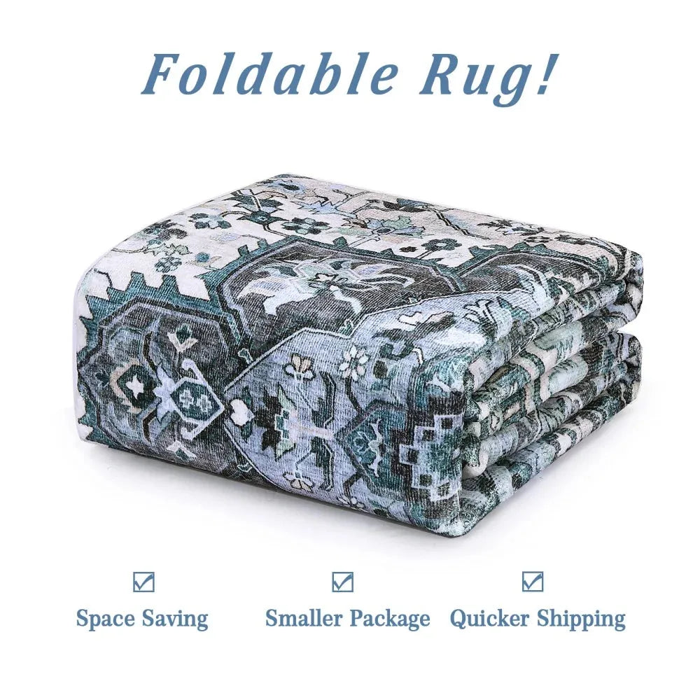 Washable Area Rugs 8x10 Living Room Rug Vintage Medallion Throw Rugs Soft Floor Cover Low Pile Non-Slip Accent Carpet Retro Rug