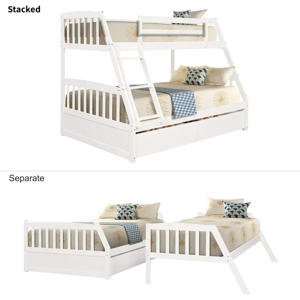 Solid Wood Twin Over Full Bunk Bed with Two Storage Drawer,Convertible to 2 Separated beds (White) bunk beds for kids - Home Fusion