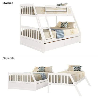 Solid Wood Twin Over Full Bunk Bed with Two Storage Drawer,Convertible to 2 Separated beds (White) bunk beds for kids - Home Fusion