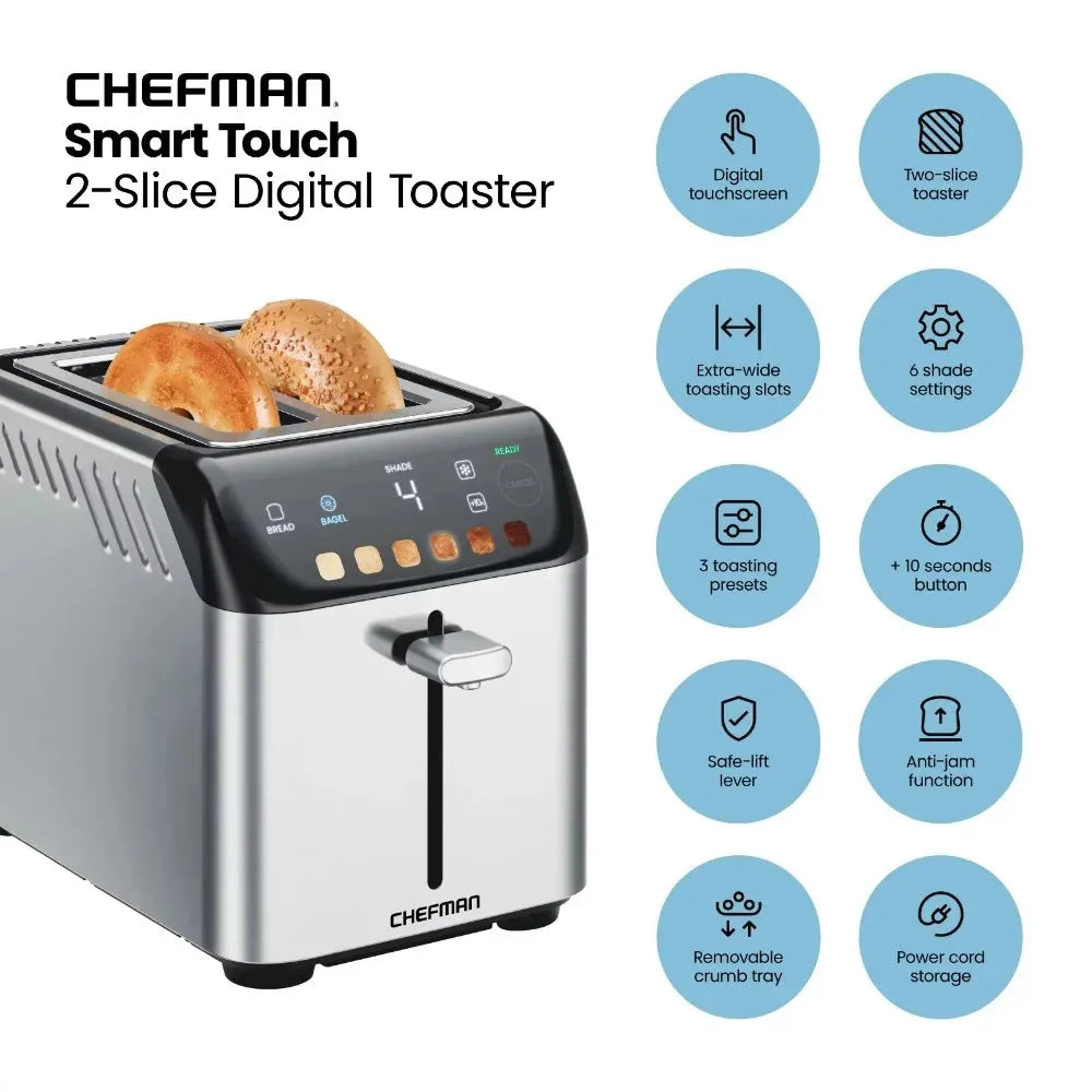 Smart Touch 2 Slice Digital Toaster, 6 Shade Settings, Stainless Steel, Removable Crumb Tray - Home Fusion