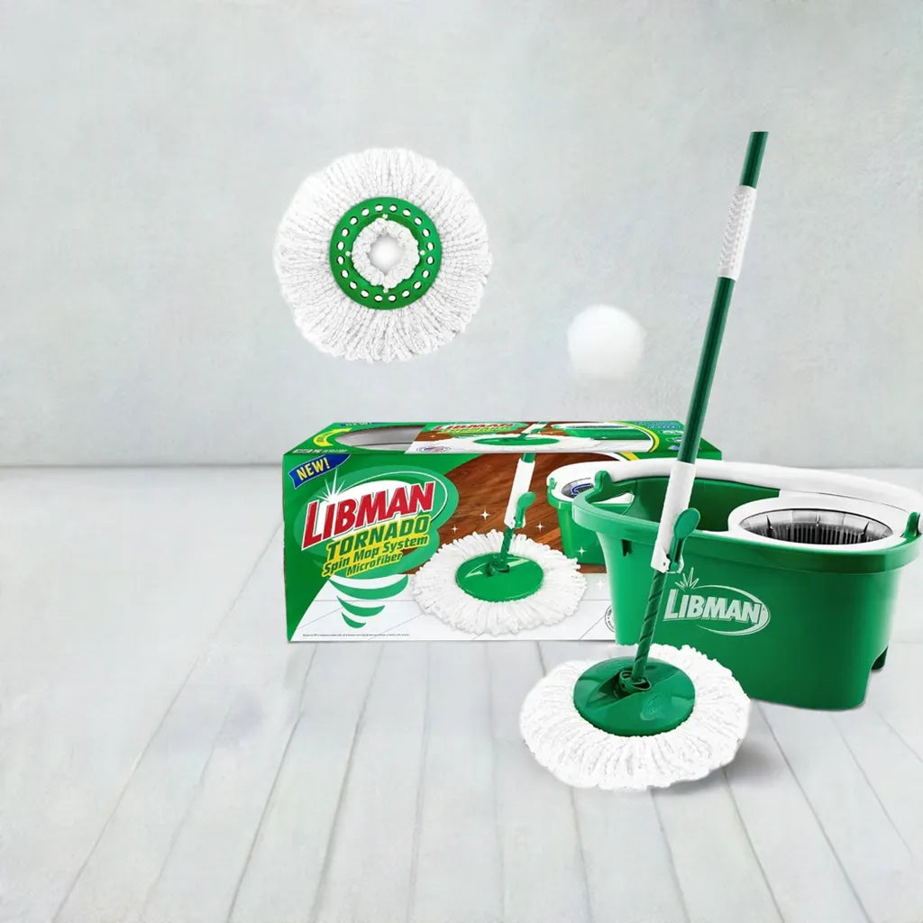 Tornado Spin Mop System - Mop and Bucket with Wringer Set for Floor Cleaning - 2 Total Mop Heads Included, Green - Home Fusion