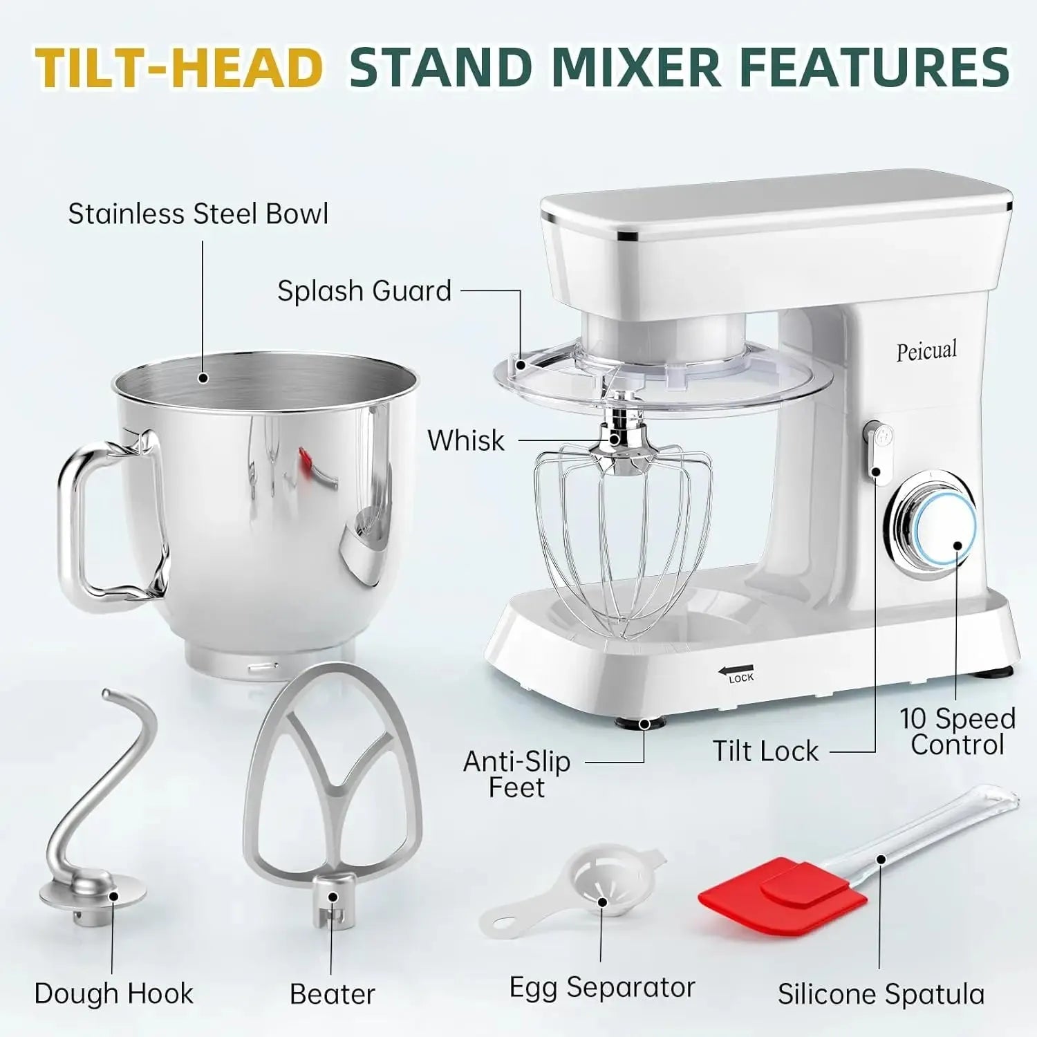 Stand Mixer, 5.5QT 10+P Speed Tilt-Head Kitchen Electric Mixer, Food Mixer with Stainless Steel Bowl, Dough Hook, Flat Beater - Home Fusion