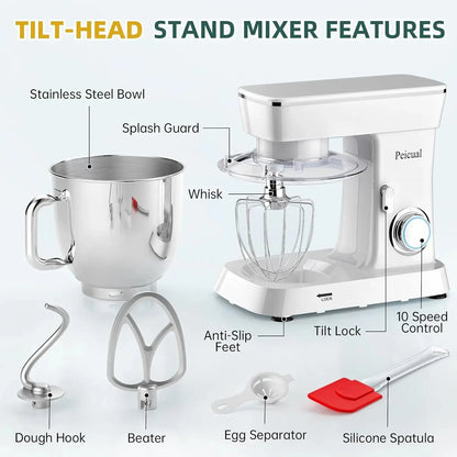 Stand Mixer, 5.5QT 10+P Speed Tilt-Head Kitchen Electric Mixer, Food Mixer with Stainless Steel Bowl, Dough Hook, Flat Beater - Home Fusion
