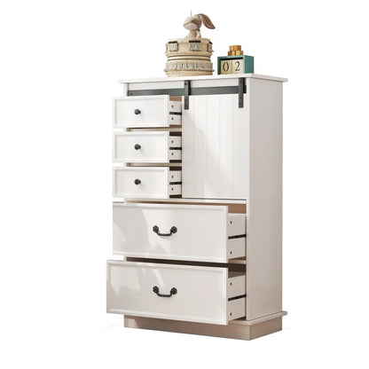 Farmhouse Tall Drawer Chest – 5 Drawers & Sliding Door Storage Shelf - Home Fusion