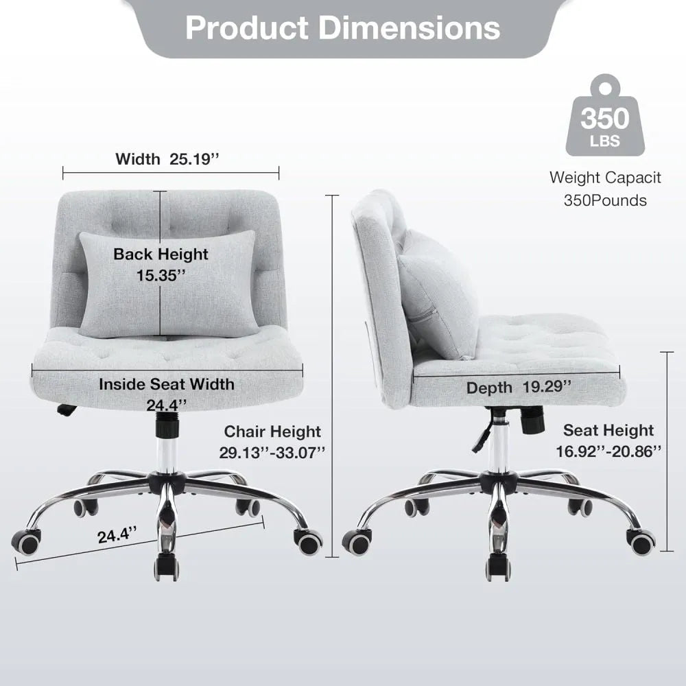 Armless Fabric Office Desk Chair with Wheels, Criss Cross Legged Wide Seat Chair, Modern Home Office Chair with Lumbar Pillow, Comfy Computer Task Chair for Small Space, Vanity Chair for Women, Girls - Home Fusion