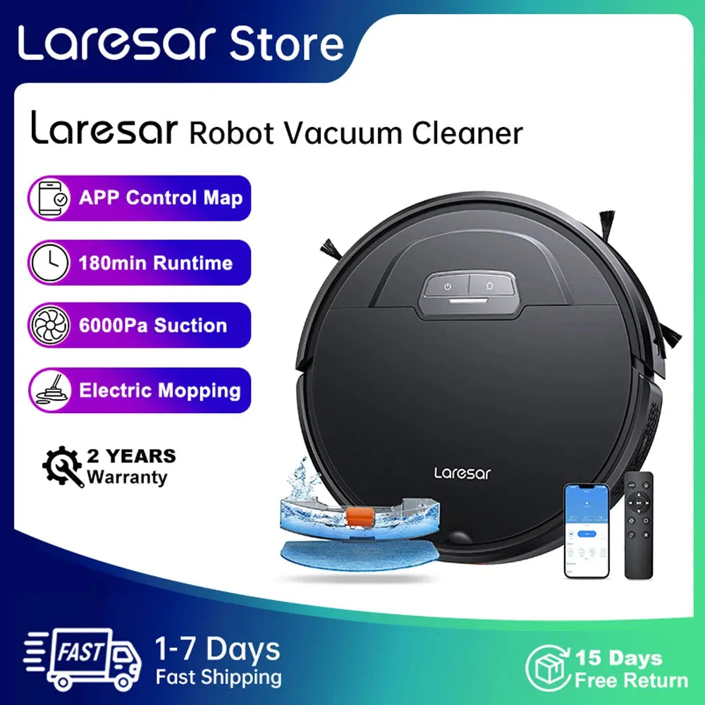 Laresar Robot Vacuum Cleaner Mop 6000Pa Wireless Smart APP Control Planned for Home Floor Washing Carpet Pet Hair Cleaning - Home Fusion