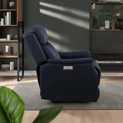Clean Contemporary Dual-Power Recliner - Ocean Blue Leatherette, Power Footrest, Power Headrest - Easy-Care and Convenience - Home Fusion