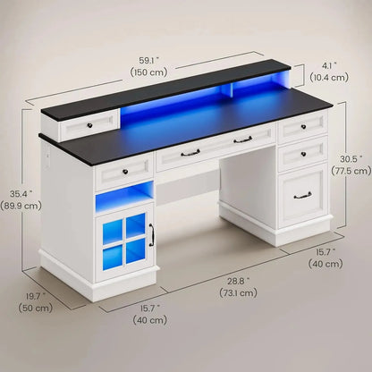 Farmhouse Executive Desk with Drawers Computer Desk with File Drawers, Power Outlet and Led Lights, Executive Office Desk - Home Fusion