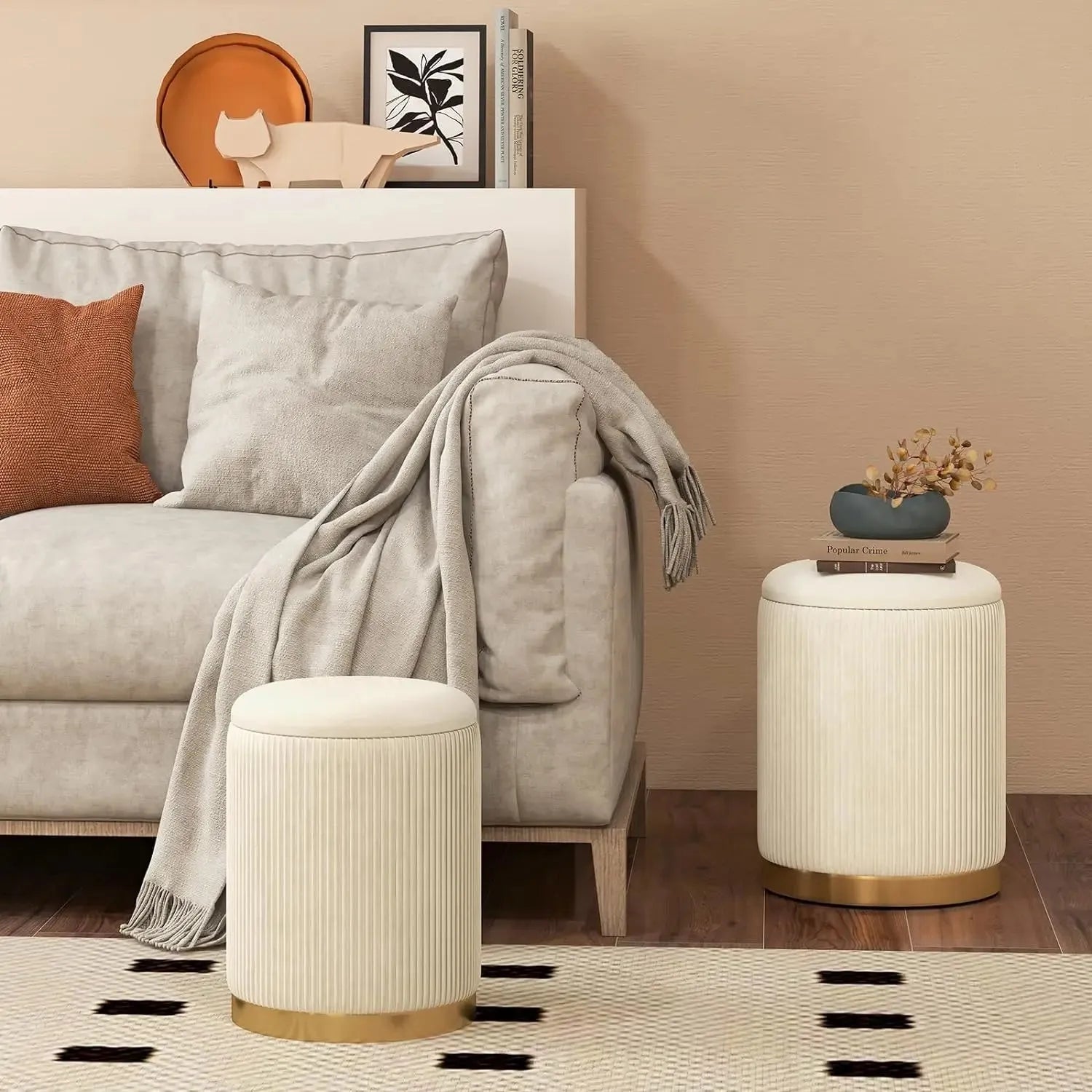 Comfort corner Velvet Storage Ottoman Set of 2,Round Ottoman with Storage, Footrest Vanity Stool Chair, Stackable Footstool - Home Fusion