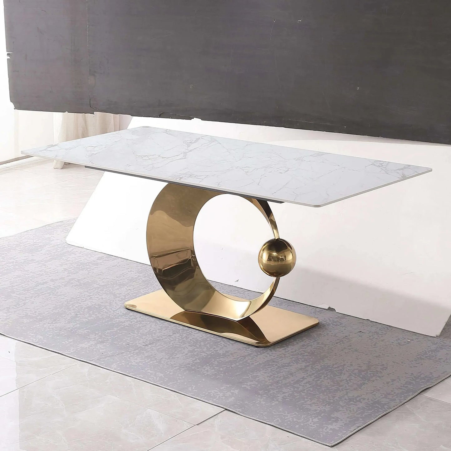 "71-Inch Carrara White Stone Dining Table with Gold Pedestal Base