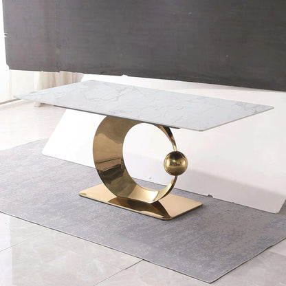 "71-Inch Carrara White Stone Dining Table with Gold Pedestal Base