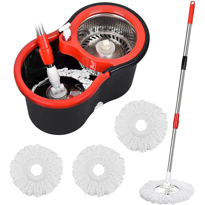 360° Spin Mop Bucket Sets with Wring System in 3 Microfiber Heads, Stainless Steel Basket 61" Extended Handle Floor Cleaning - Home Fusion
