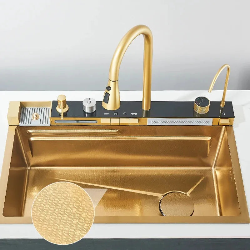 Stainless Steel Kitchen Sink with Faucet 75*45cm Large Single Bowl Digital Display Dish Basin Sink Waterfall Hot Cold Faucets - Home Fusion