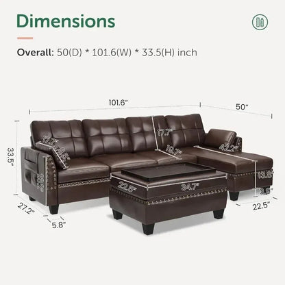 Leather Sectional Sofa with Ottoman - Easy Assembly, Storage Space,Living Room Sofa - Home Fusion