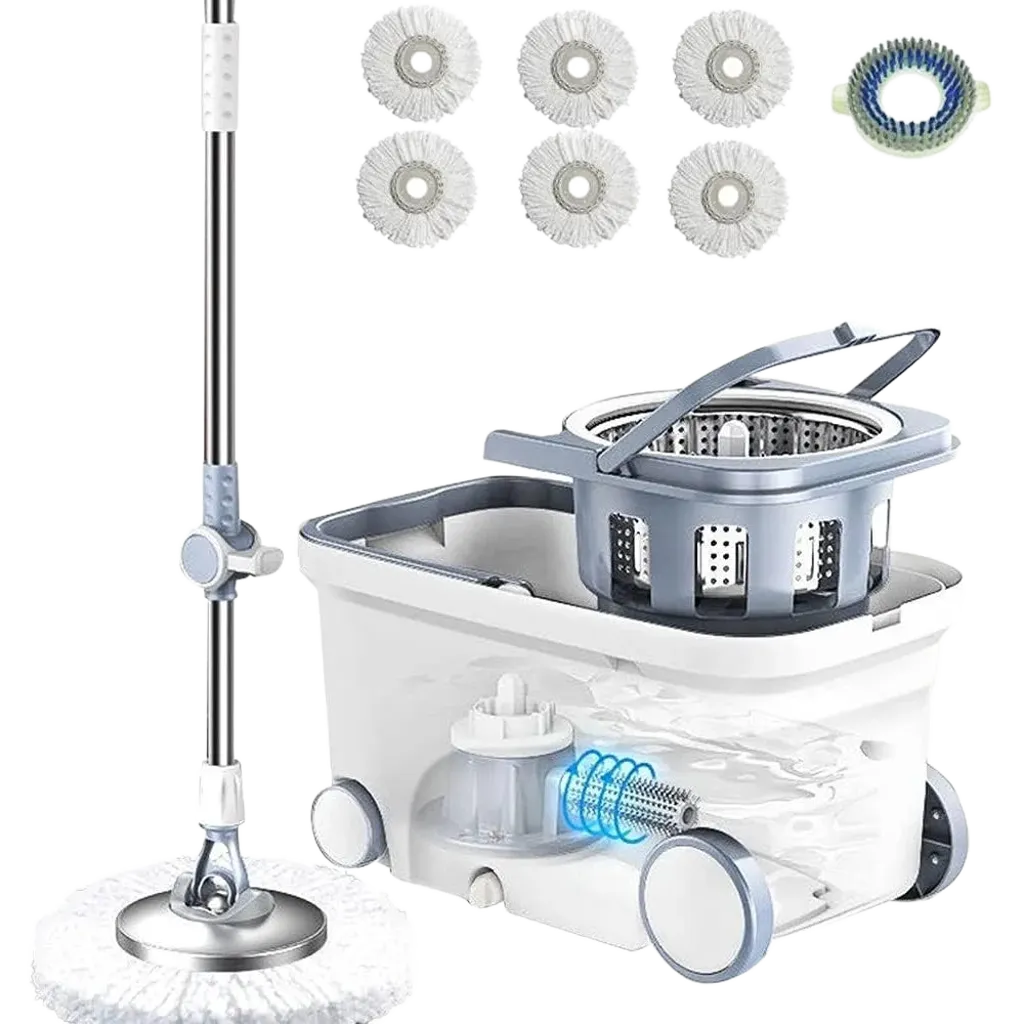 Spin Mop Bucket Deluxe 360 Spinning Floor Cleaning System with 6 Microfiber Replacement Head Refills,62" Extended Handle - Home Fusion
