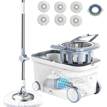 Spin Mop Bucket Deluxe 360 Spinning Floor Cleaning System with 6 Microfiber Replacement Head Refills,62" Extended Handle - Home Fusion