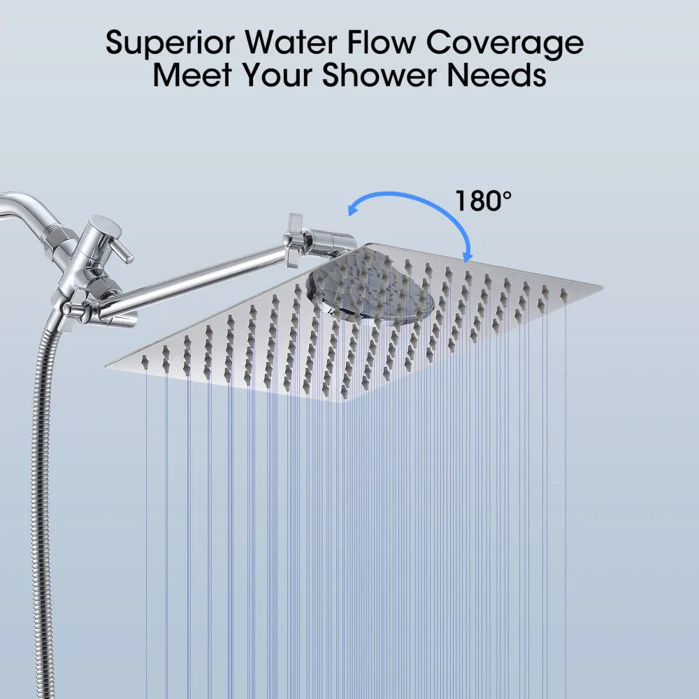 Chrome Shower Head, 10 Inch High Pressure Rainfall Shower Head/Handheld Shower Combo with 11 Inch Extension Arm, 6 Settings Adjustable Anti-leak Shower Head with Holder/Hose, Height/Angle Adjustable - Home Fusion