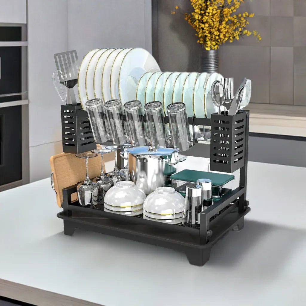 Dish Drying Rack for Kitchen Counter with Drainboard & Utensil Holders - Home Fusion