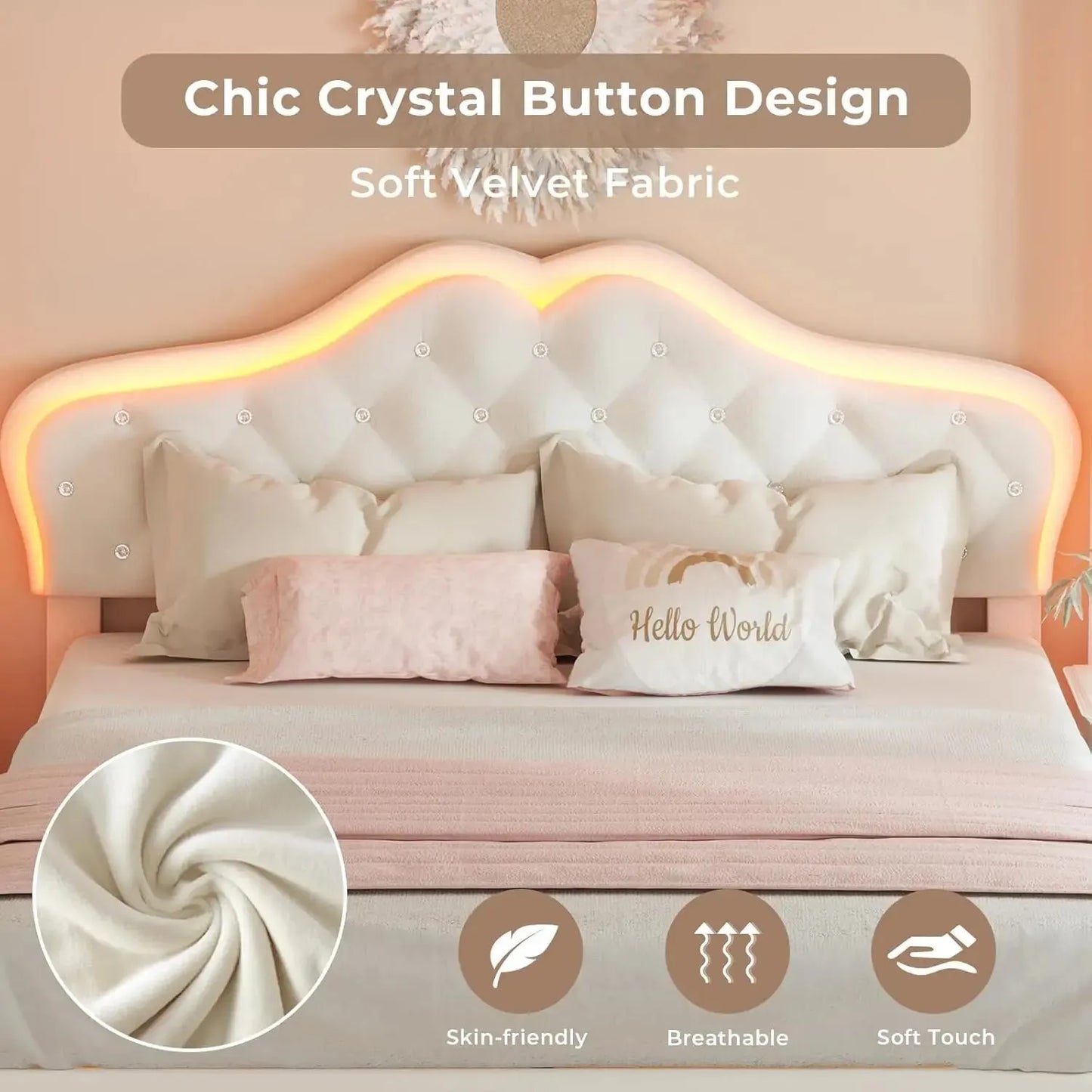 Queen Size Upholstered Bed Frame with LED Lights, Adjustable Headboard with Crystal Button, Solid Wood Slats Support, Beige