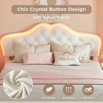 Queen Size Upholstered Bed Frame with LED Lights, Adjustable Headboard with Crystal Button, Solid Wood Slats Support, Beige