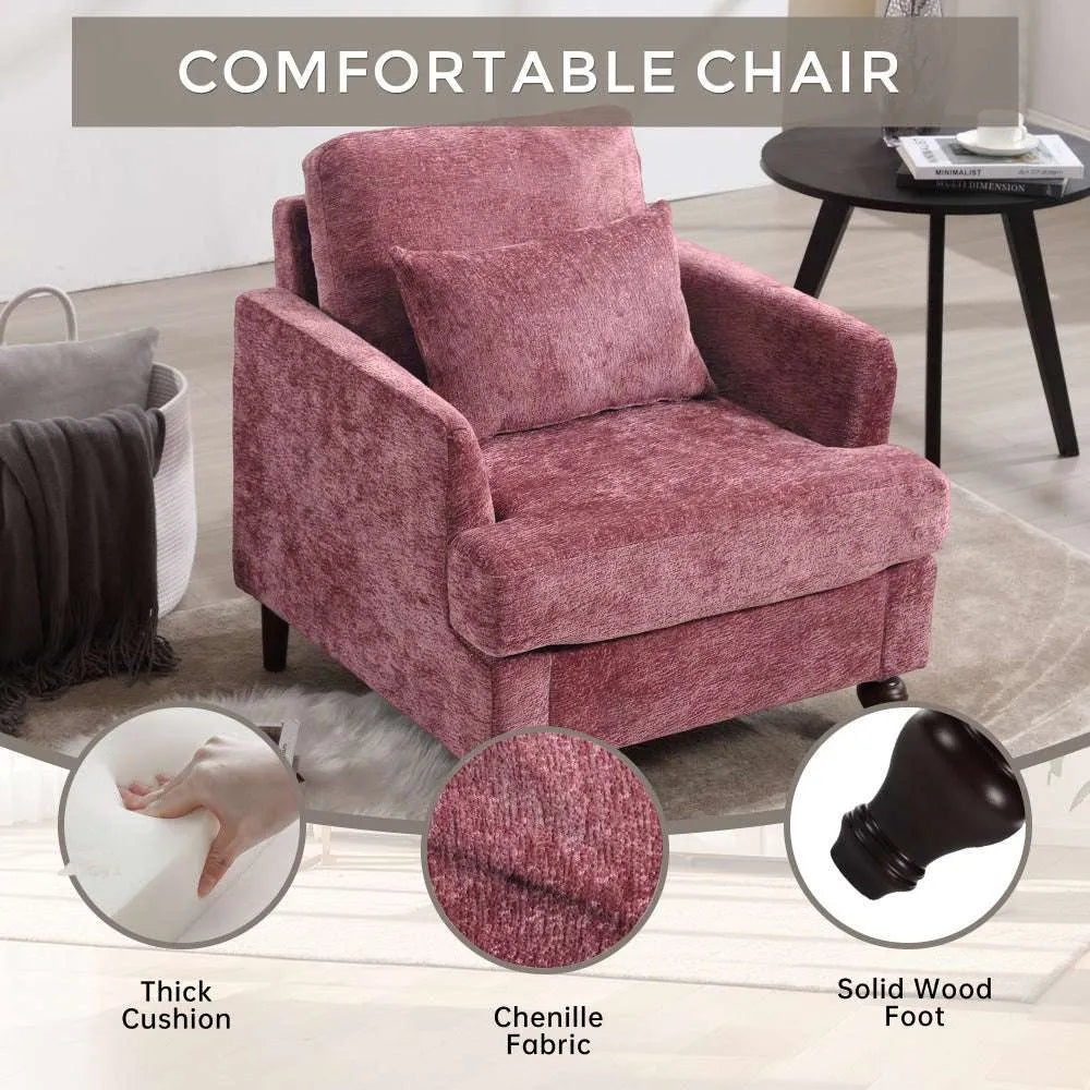 COOLMORE Wood Frame Armchair,  Modern Accent Chair Lounge Chair for Living Room,Tufted Club Chair, Mid Century Modern Arm Chairs with Studded, Solid Wood Frame, for Bedroom, Reading(Wine red Chenille) - Home Fusion