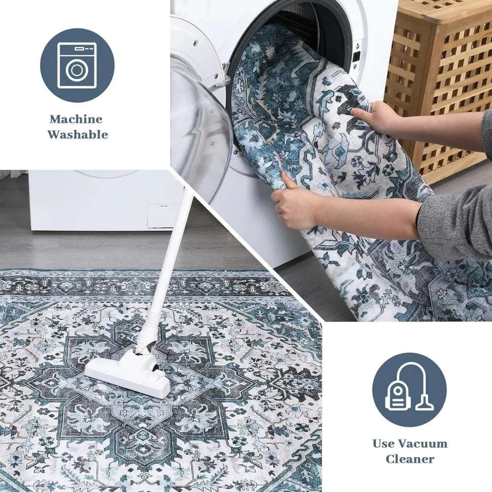 Washable Area Rugs 8x10 Living Room Rug Vintage Medallion Throw Rugs Soft Floor Cover Low Pile Non-Slip Accent Carpet Retro Rug