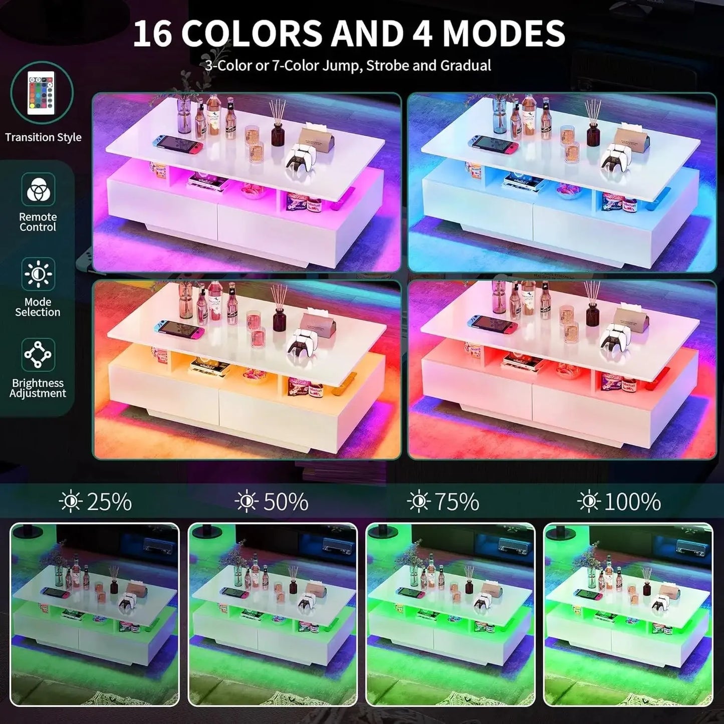 YITAHOME LED Coffee Table with Storage, High Glossy LED Coffee Tables for Living Room, Small Center Table with Open Display Shel - Home Fusion